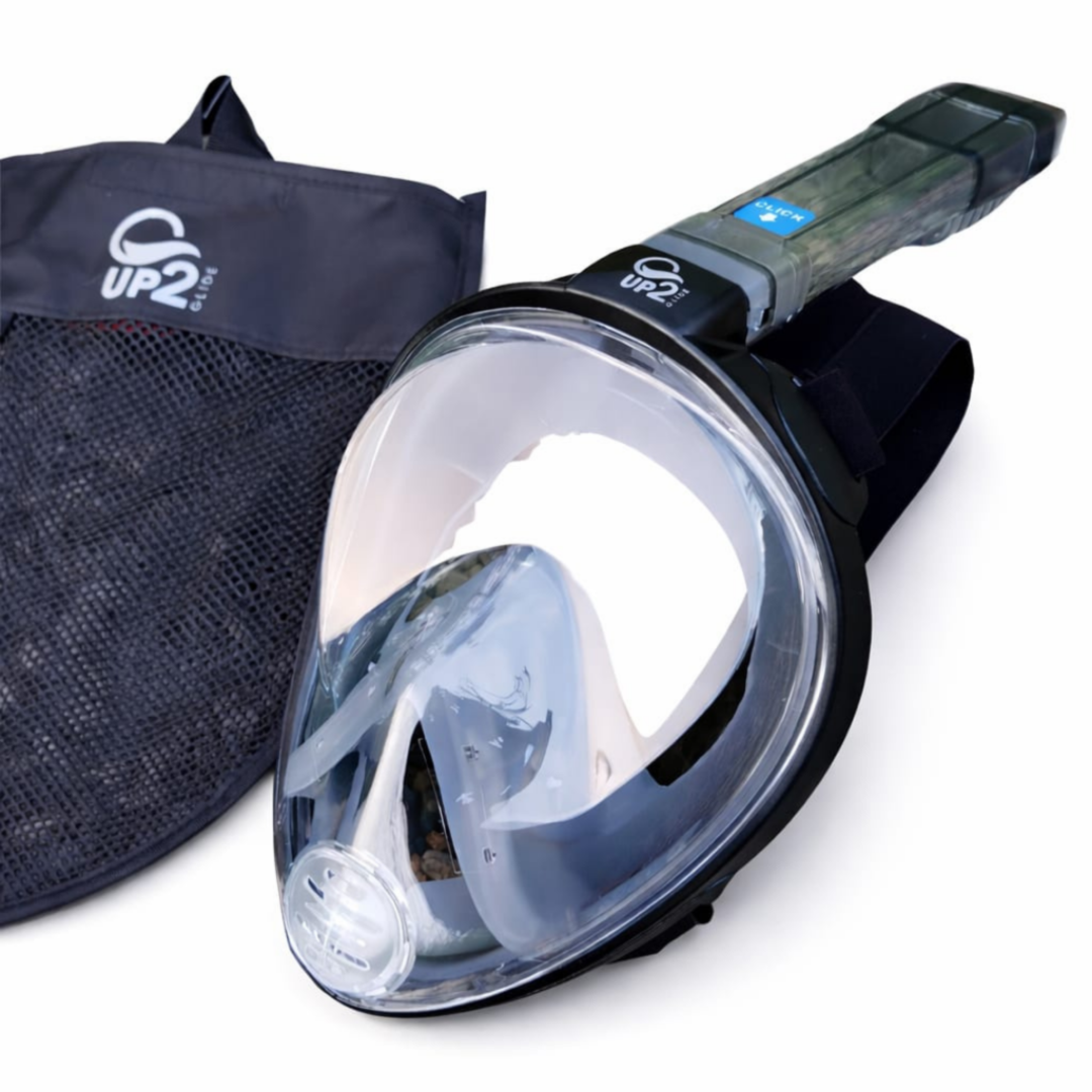 Full-face snorkel mask with wide anti-fog viewing lens and dry-top breathing system