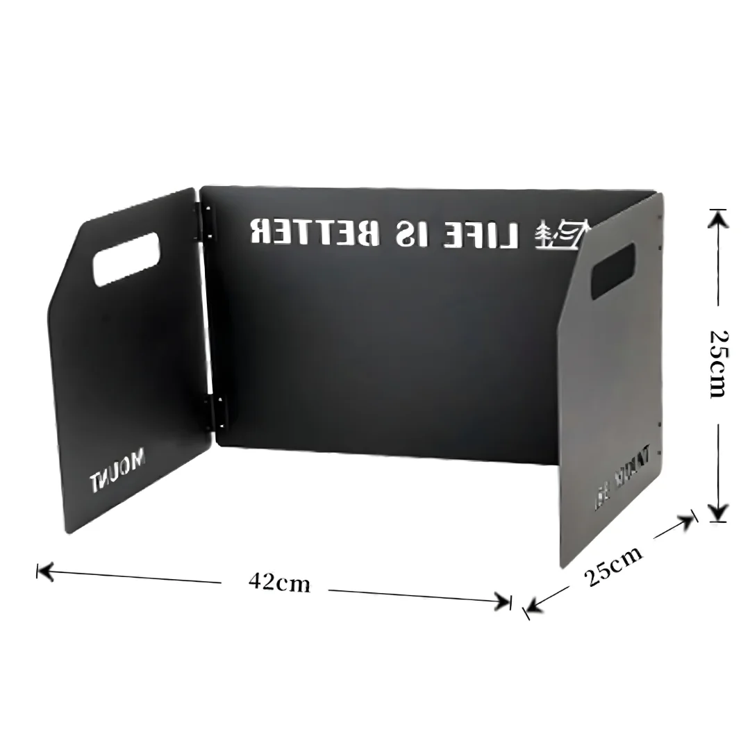 Folded black 3 panel stove windshield showing compact storage form for camping and outdoor cooking.