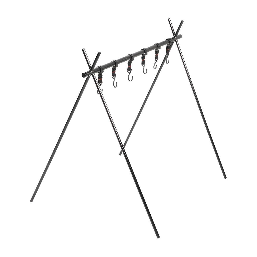 Camping storage rack with foldable A-frame design and hanging hooks