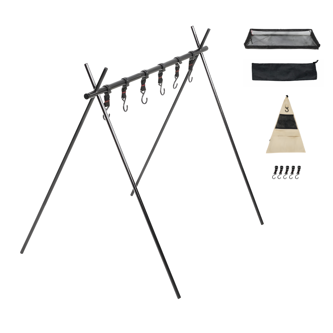 Camping storage rack with mesh shelf, side organiser and hooks included