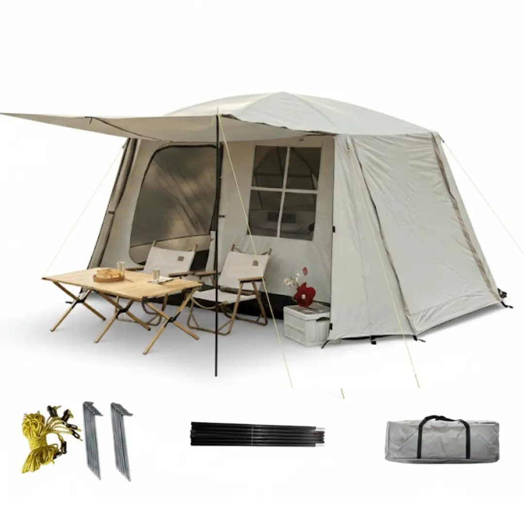 4 person cabin tent with poles, tent pegs, guy ropes and carry bag included