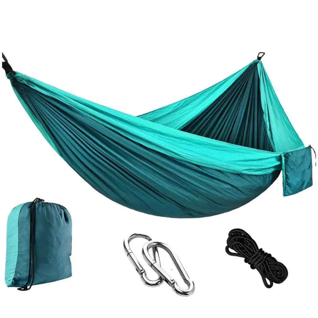 Teal and dark green 210T nylon camping hammock with suspension ropes and carabiners