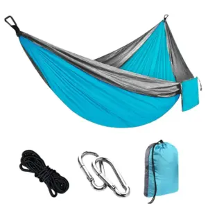 Blue and grey lightweight camping hammock with carabiners and storage bag