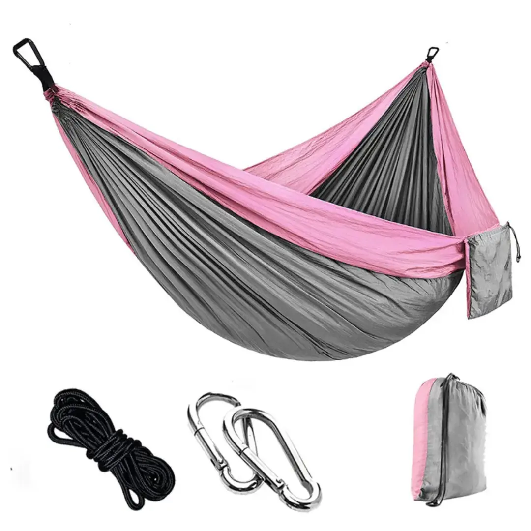 Pink and grey 210T nylon single camping hammock with ropes and carabiners