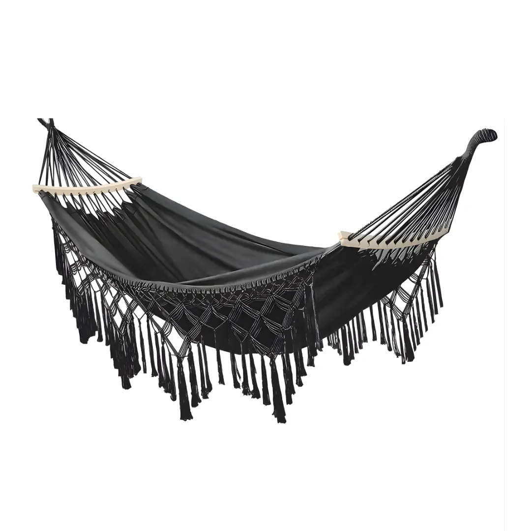 Black tassel hammock with wooden spreader bars and suspension ropes