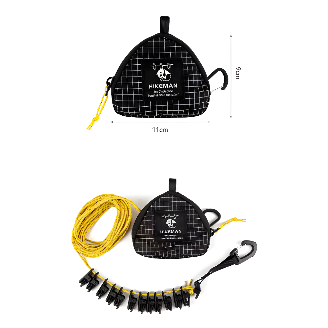 Portable camping clothesline set with rope, clips and storage pouch