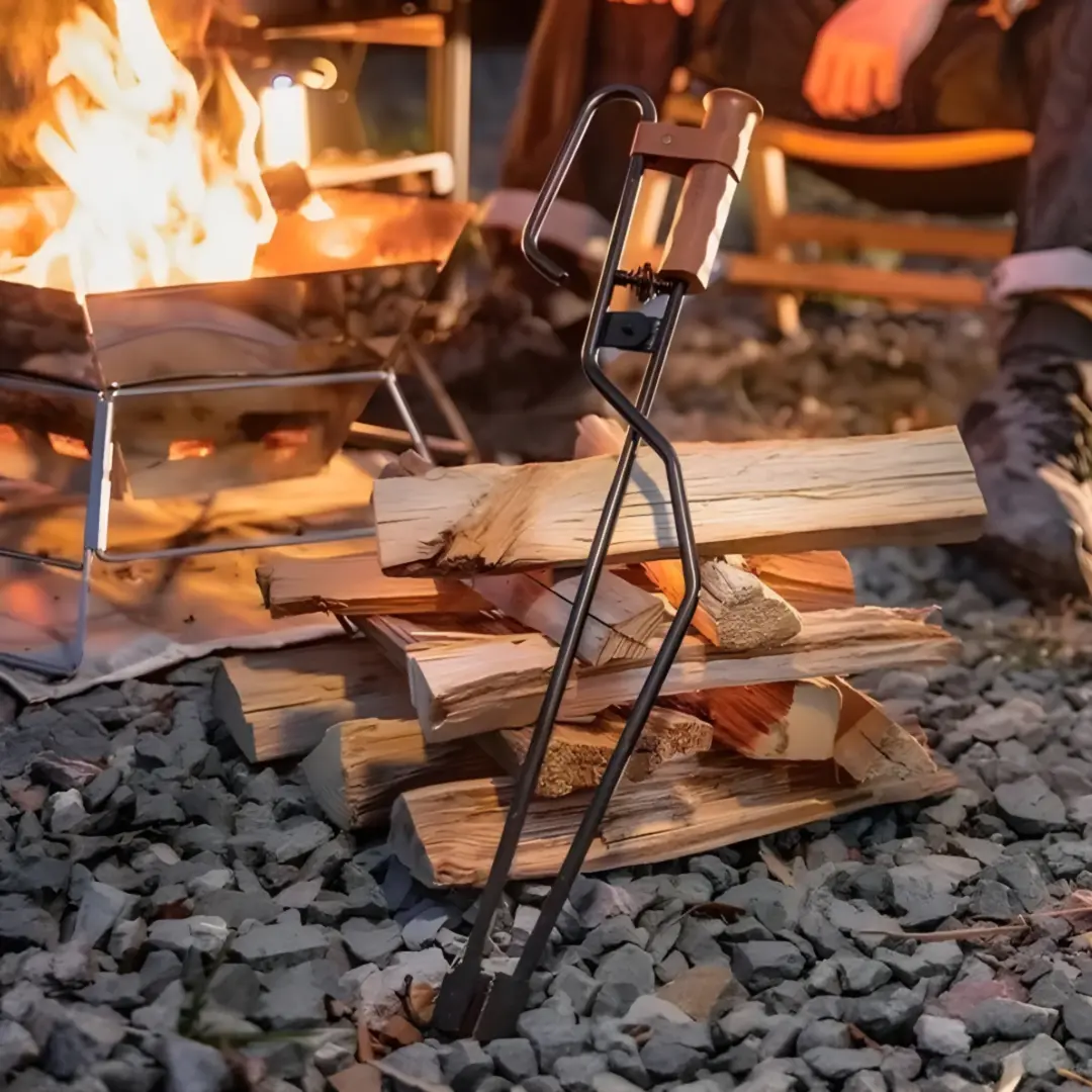 3-in-1 fire tongs used to manage wood on a campfire