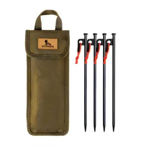 Heavy-duty 25cm steel tent pegs 4-piece set with khaki storage bag
