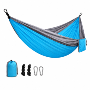 Blue and grey parachute nylon camping hammock with straps