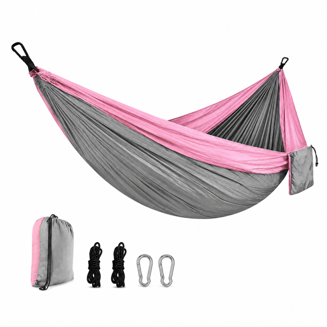 Pink and grey parachute nylon camping hammock with straps