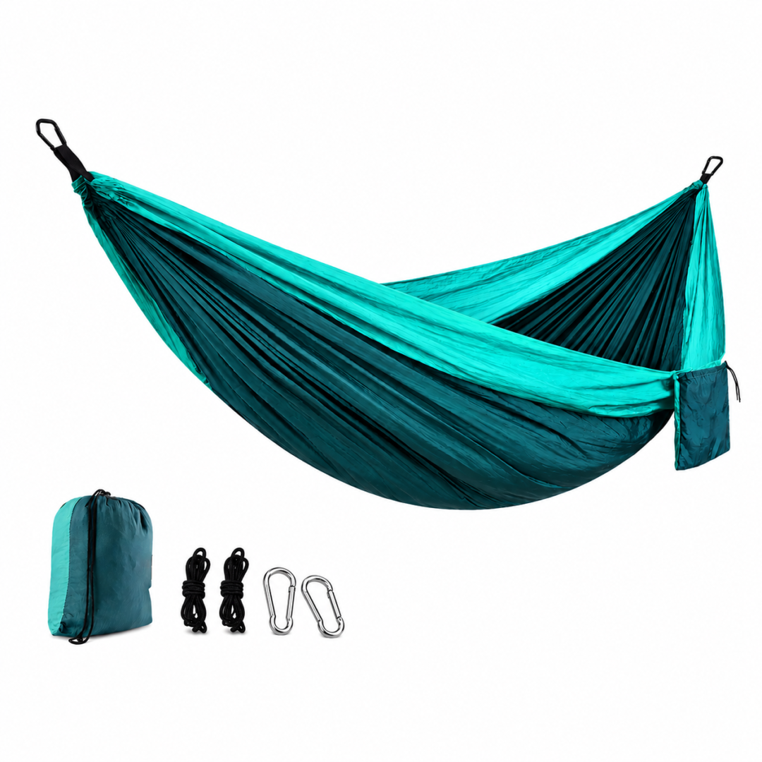 Teal parachute nylon camping hammock with carabiners and carry pouch