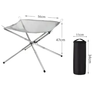 Portable foldable bonfire stand with dimensions and carry bag