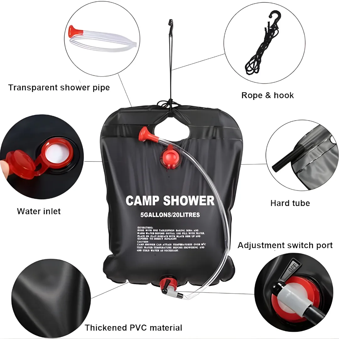 20L solar shower bag showing hose, water inlet, rope and hook