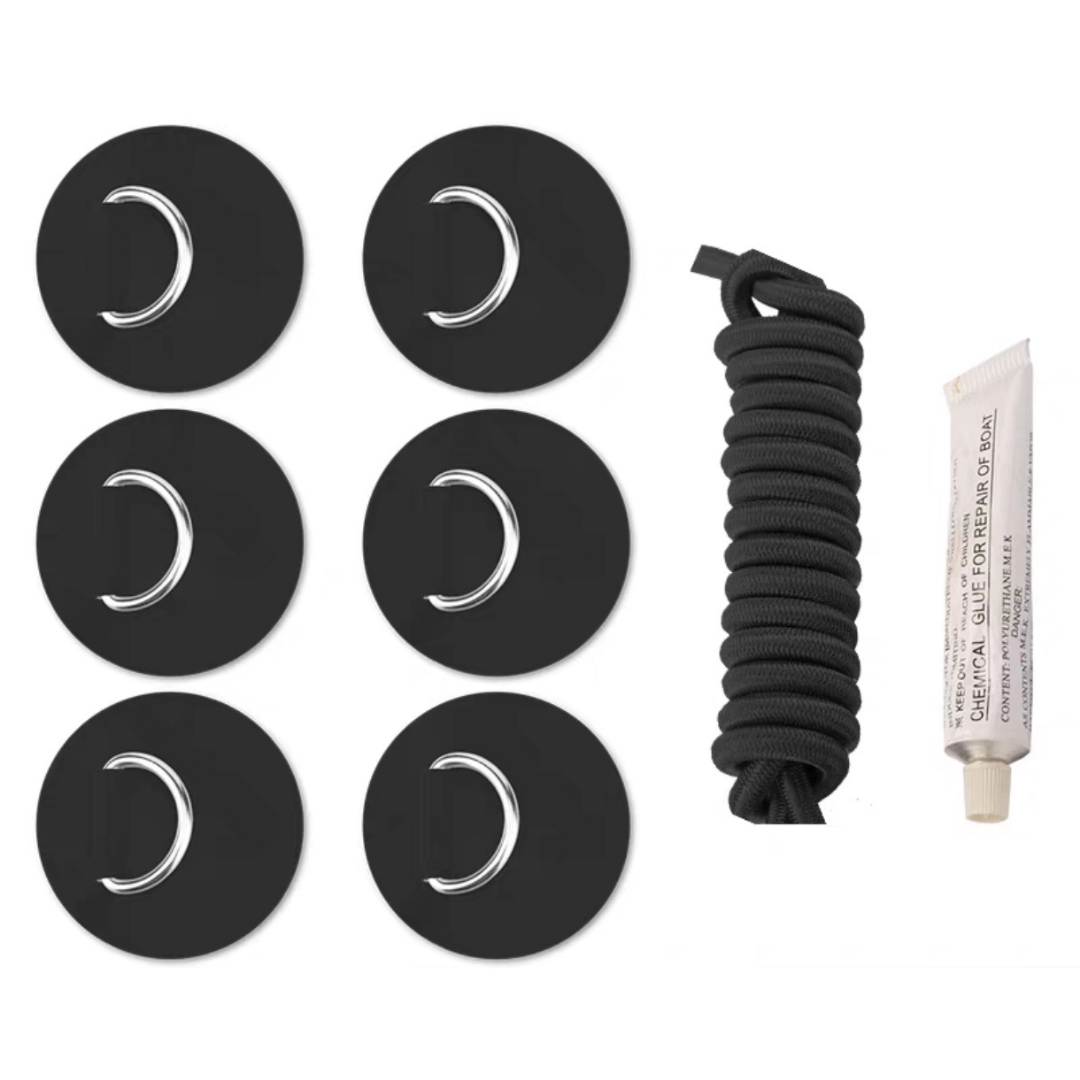 Black SUP D-ring attachment patches with bungee cord and adhesive