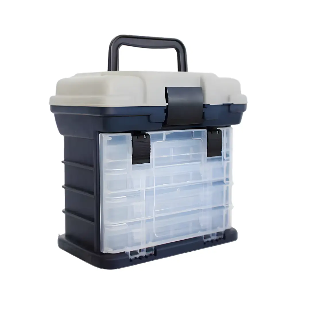 Fishing tackle box with 4 drawer storage system side view