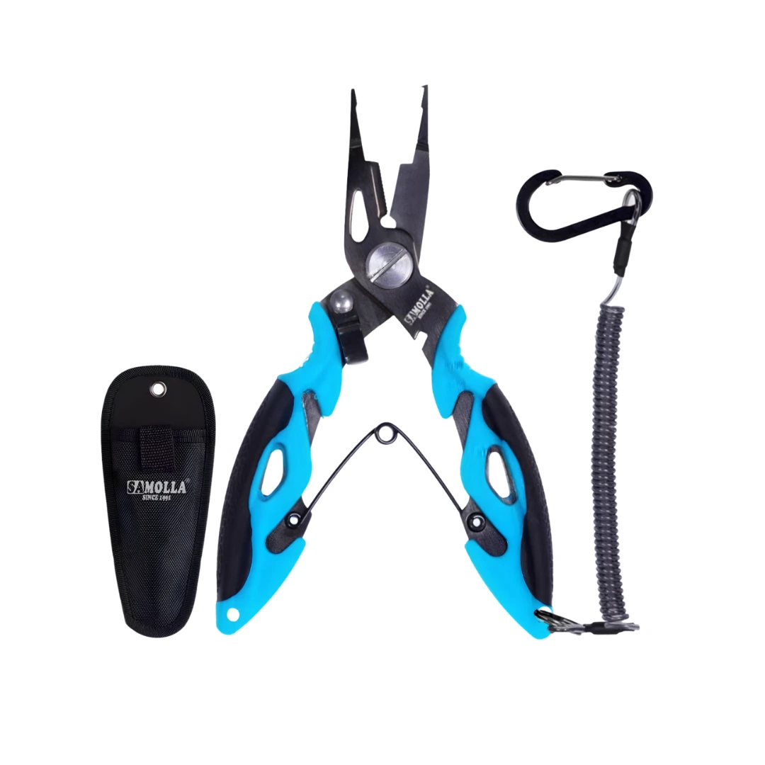 Blue stainless steel split ring pliers with lanyard and sheath