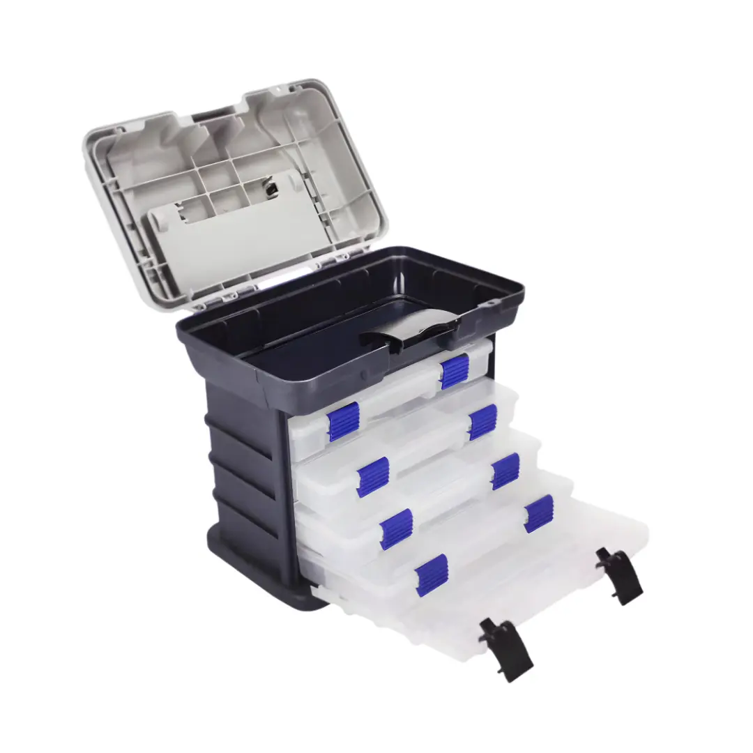 Fishing tackle box open showing four removable storage drawers