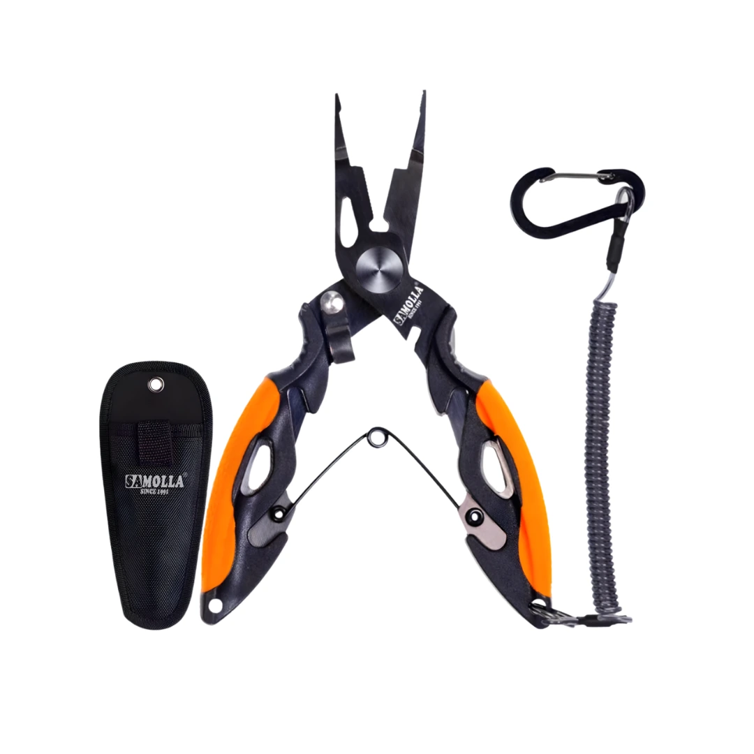 Orange stainless steel split ring pliers with lanyard and sheath