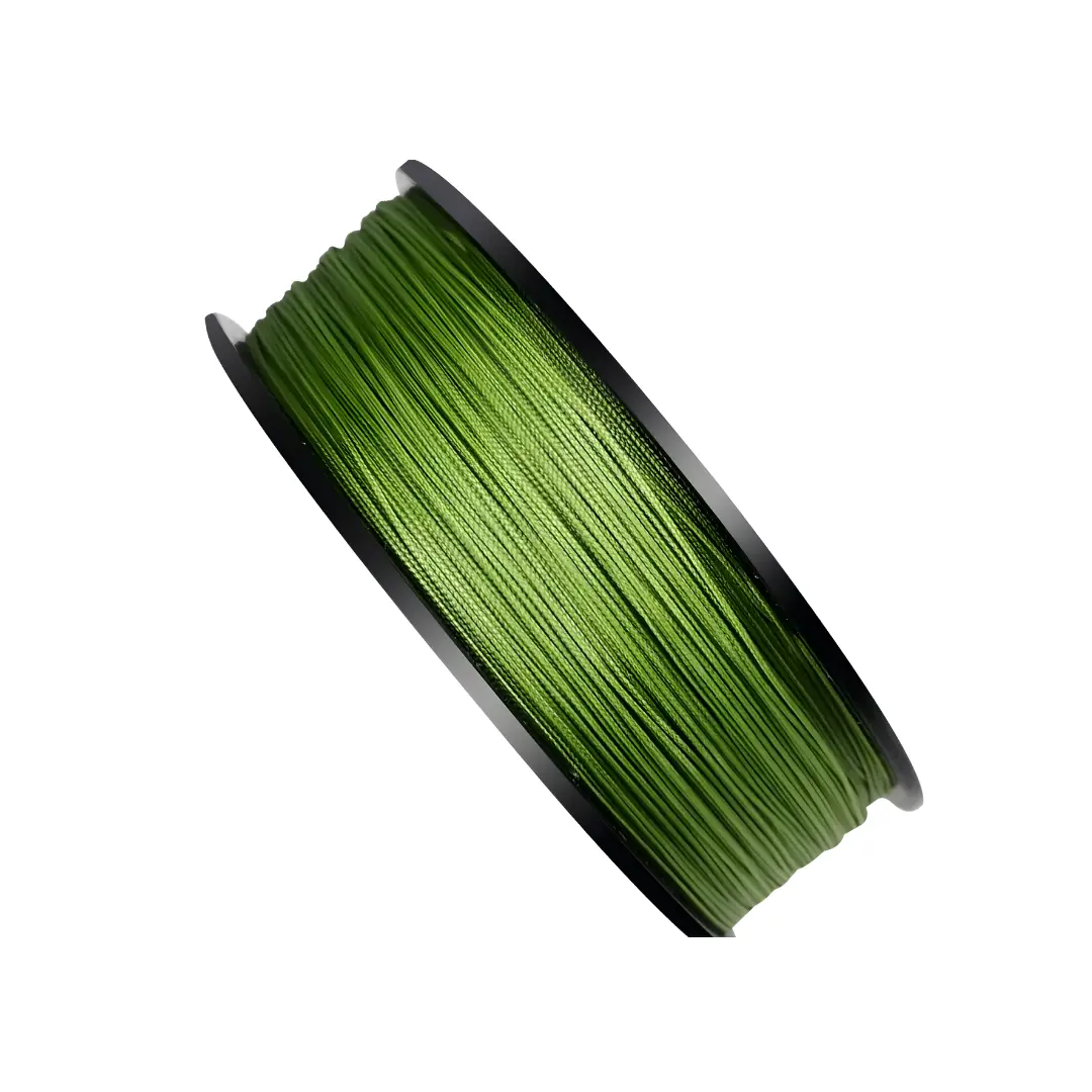 Green braided fishing line spool close-up